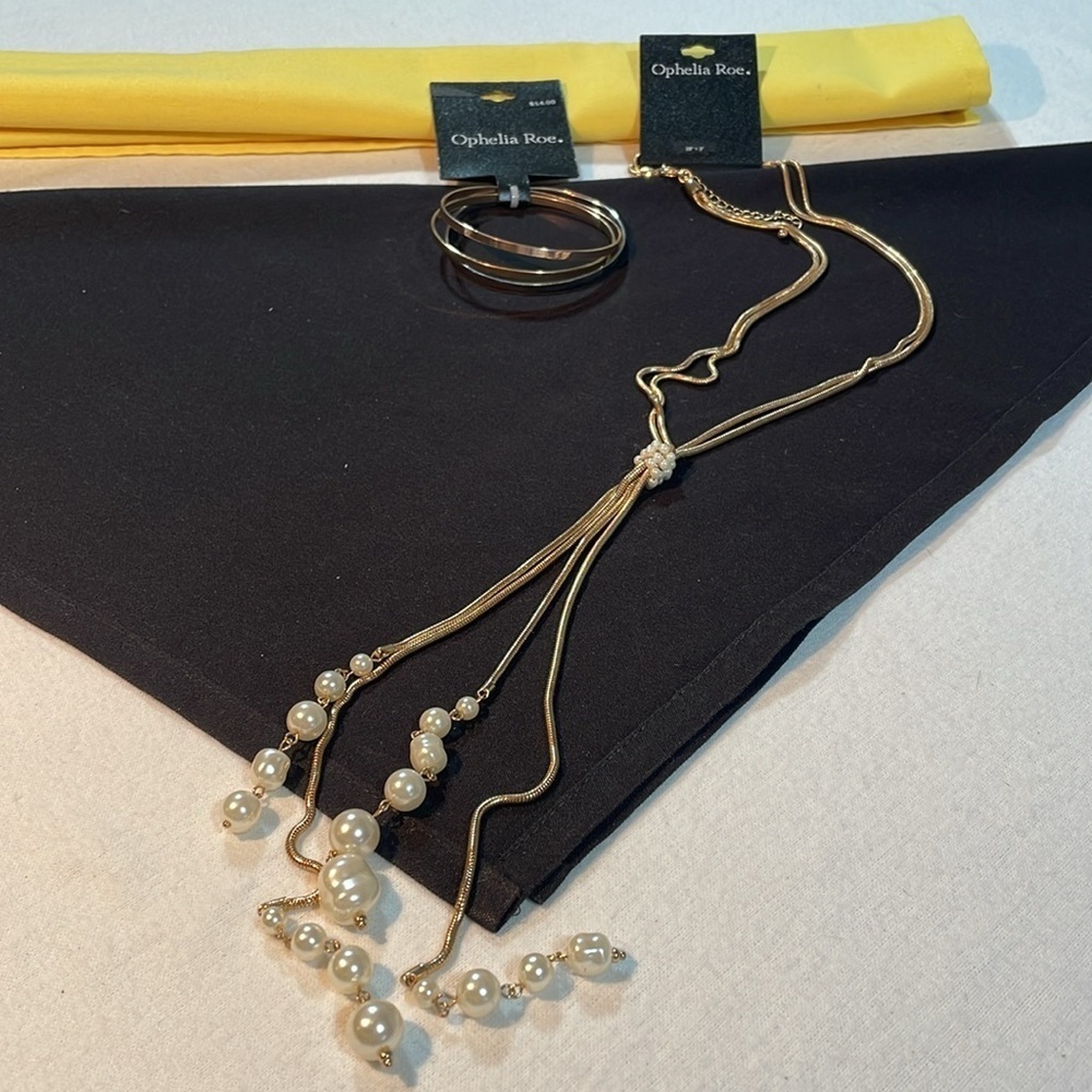 Bundle of 2 Gold Pearl Necklace & 3 Bangle Bracelets Ophelia Roe NWT